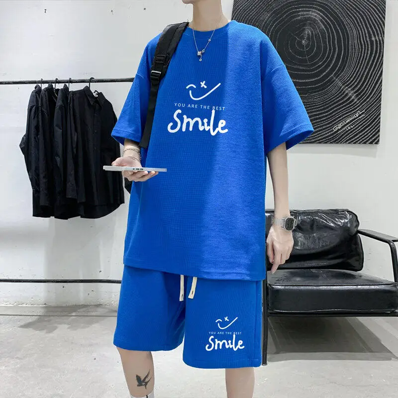 

Casual Men's Sets 2025 Summer Loose T-Shirts & Shorts Fashion Smile Printed Two Piece Tracksuits Youth Outwear Top Tees Clothing