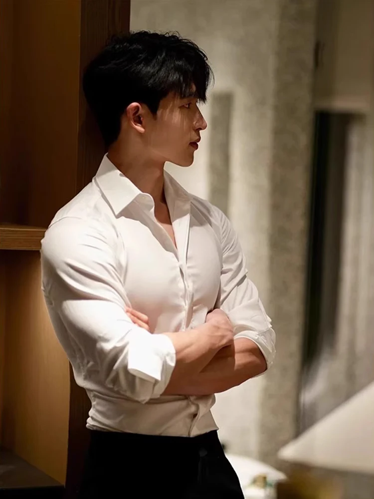 

White Long Sve irt Men's Slim Fit Busin Formal Korean Sle Spring Autumn Faionable Casual Inner Wear Suit Top