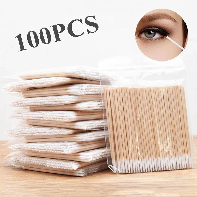 100PC Hout Wattenstaafje Wimper Extension Gereedschap Oorverzorging Schoonmaken Houten Stokken Cosmetische Wattenstaafje Knoppen Micro Borstel Makeup Tools