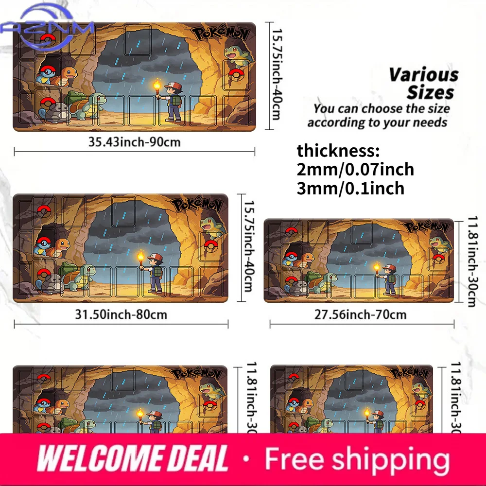 Pokemon Ash & Starters Cave Adventure Pixel Art TCG Playmat 2mm/3mm Non-Slip Card Game Mat Multi-Size