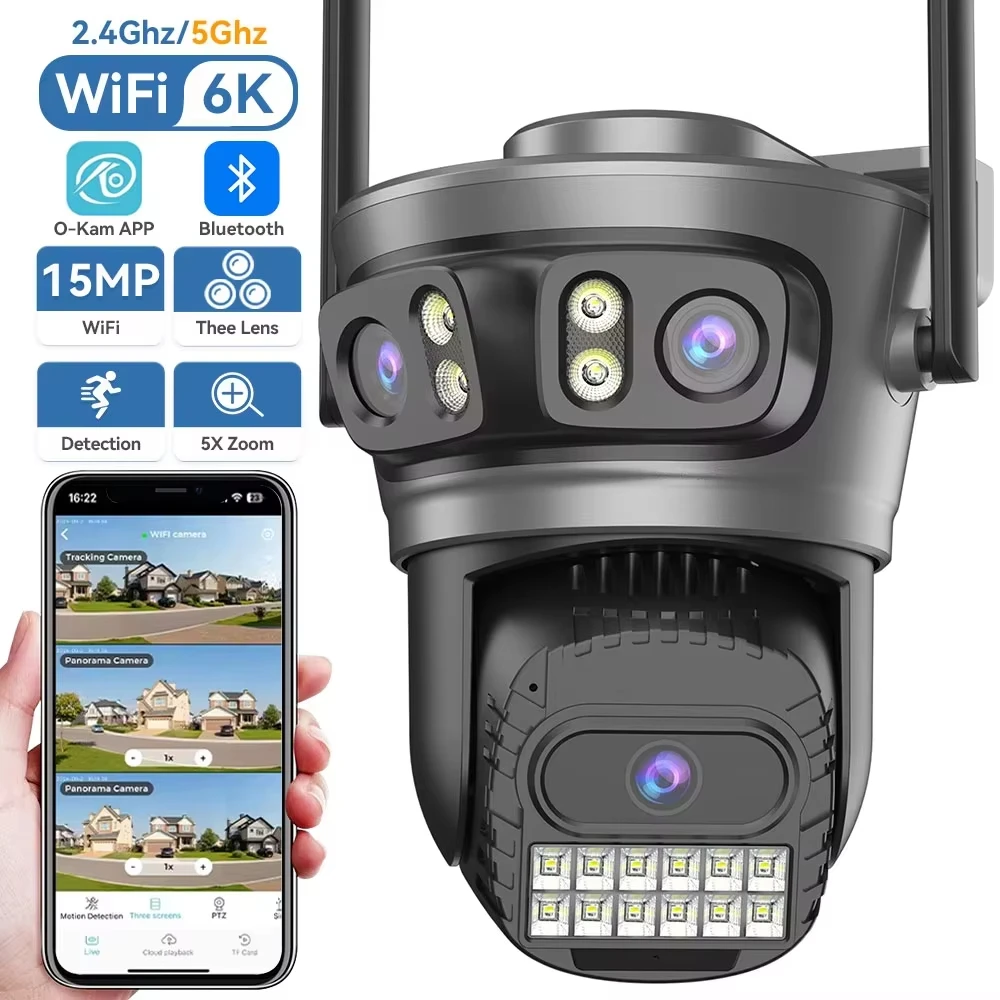 6K 15MP Three Lens Three Screens 2.4/5Ghz WiFi Outdoor Camera 5K 10MP Dual Lens Night Vision Auto Tracking Surveillance O-Kam