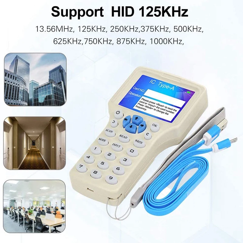 Handheld USB RFID ID IC Card Writer With Full Decoding Function. Includes 10 Piece 2-In-1 Dual Frequency Writing Tag