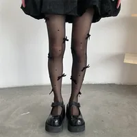 Women Pearl Bow Trim Mesh Tights Stretchy See Through Thin Stockings Leggings Y2K Aesthetic Gothic Sexy Stockings Pantyhose