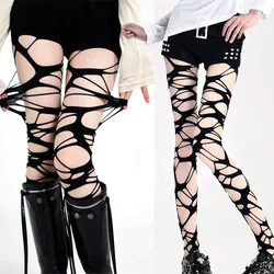 New Stylish Punk Torn Strap Holes Tights Sexy Lolita Gothic Spider Web Stockings Ladies Y2k Black Mesh Soft Tights High Hosiery