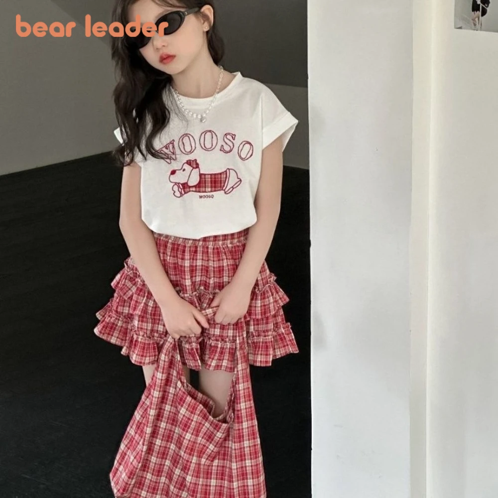 

Bear Leader Korean Version Street Style Teen Girls' Summer Clothes Cartoon Dog T-shirt+Plaid Skirt Sets Children's Costumes 2026