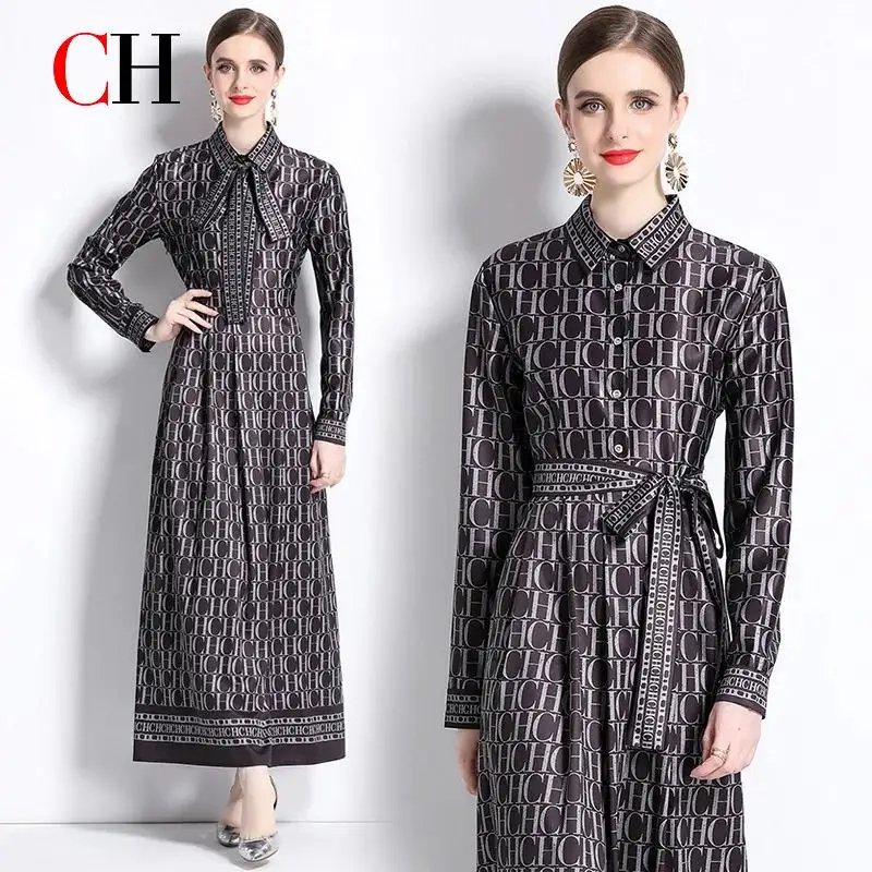 

CH Womens CHCH Letter Print Shirt Dress Long Sleeve Belted Bow Tie Maxi Dress Button Down Elegant Fashion