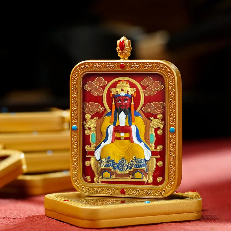 H1 Tibetan hand-painted thangka pendant with the image of the Five Yellow Deities and Zaki Lhamo, a decorative accessory