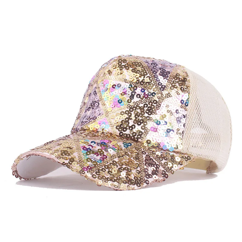 Boné de beisebol de caminhoneiro de malha com glitter ajustável lantejoulas bordados chapéus para mulheres e meninas adolescentes snapback