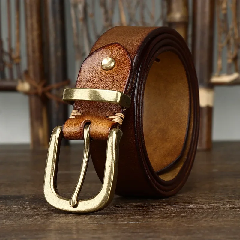 Retro Washed Italian Top Layer Cowhide Leather Belt, Men's Copper Buckle, Korean Version New Trendy Belt