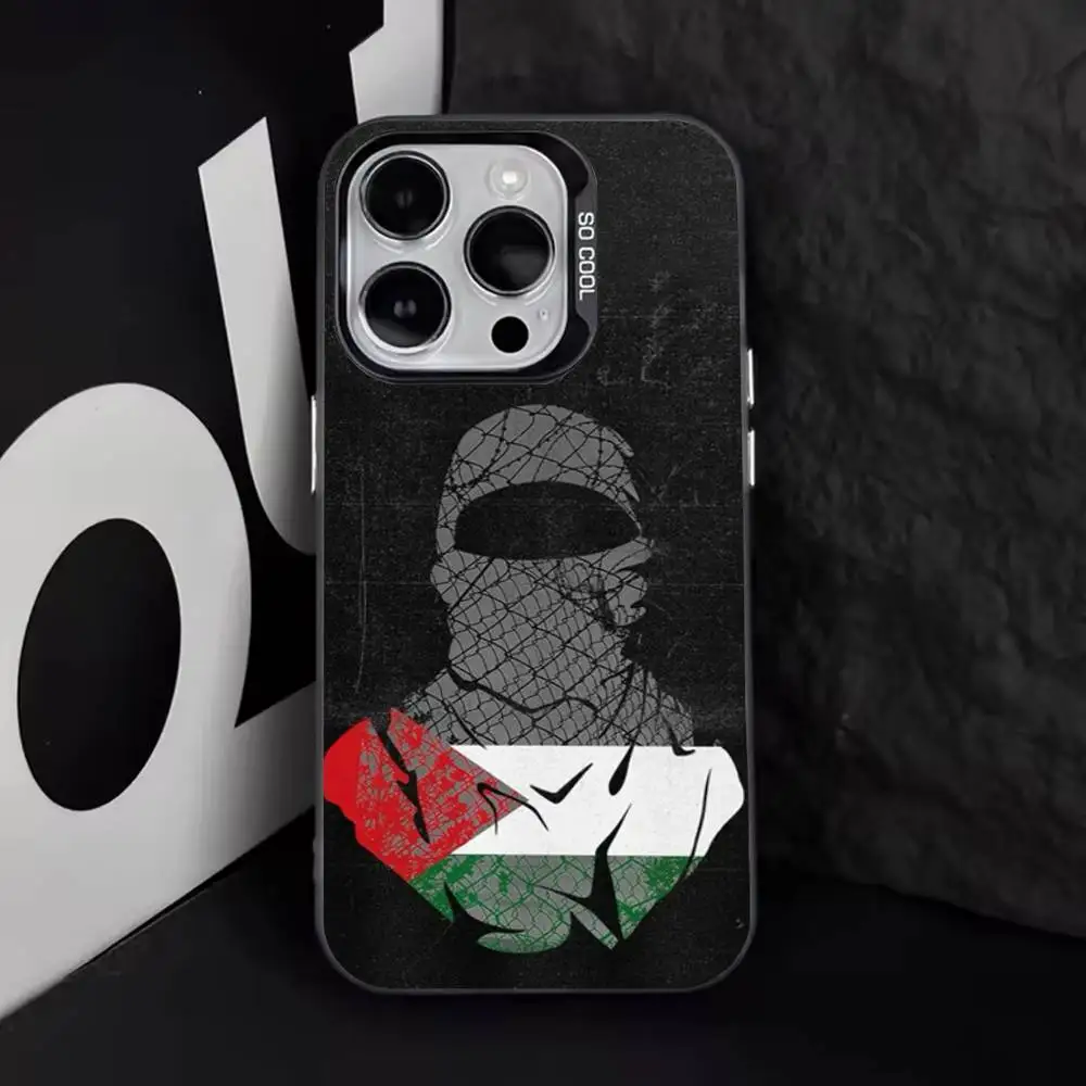 حافظة هاتف P-Palestine-es-F-Flag MAP لهاتف iPhone 16,15,14,13,12,11,8,7,Pro,Max,Plus,Mini,XS,SE مضادة للسقوط باللون الأسود غير اللامع