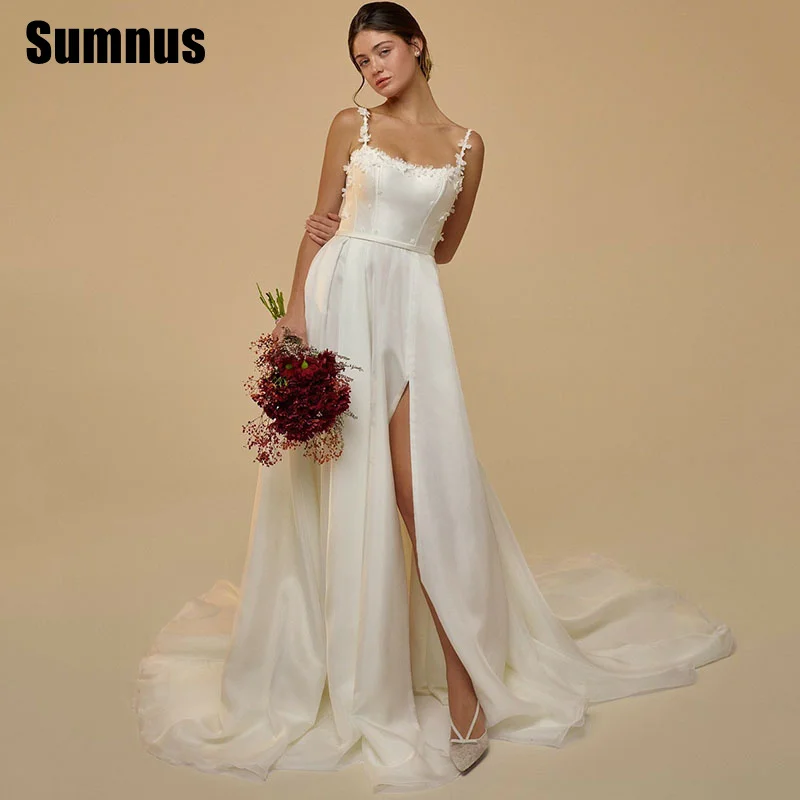 

Sumnus Elegant Mermaid Wedding Dresses Spaghetti Strap Floor-Length Bridal Gowns High Split Bride Dress Customized