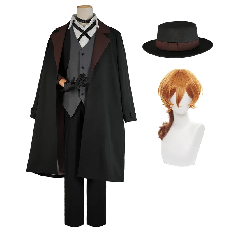 Holoun Bungo anime Nakahara chuuya cosplay costume wig oversize lining coat elastic pants shirt vest hat gloves choker Daily