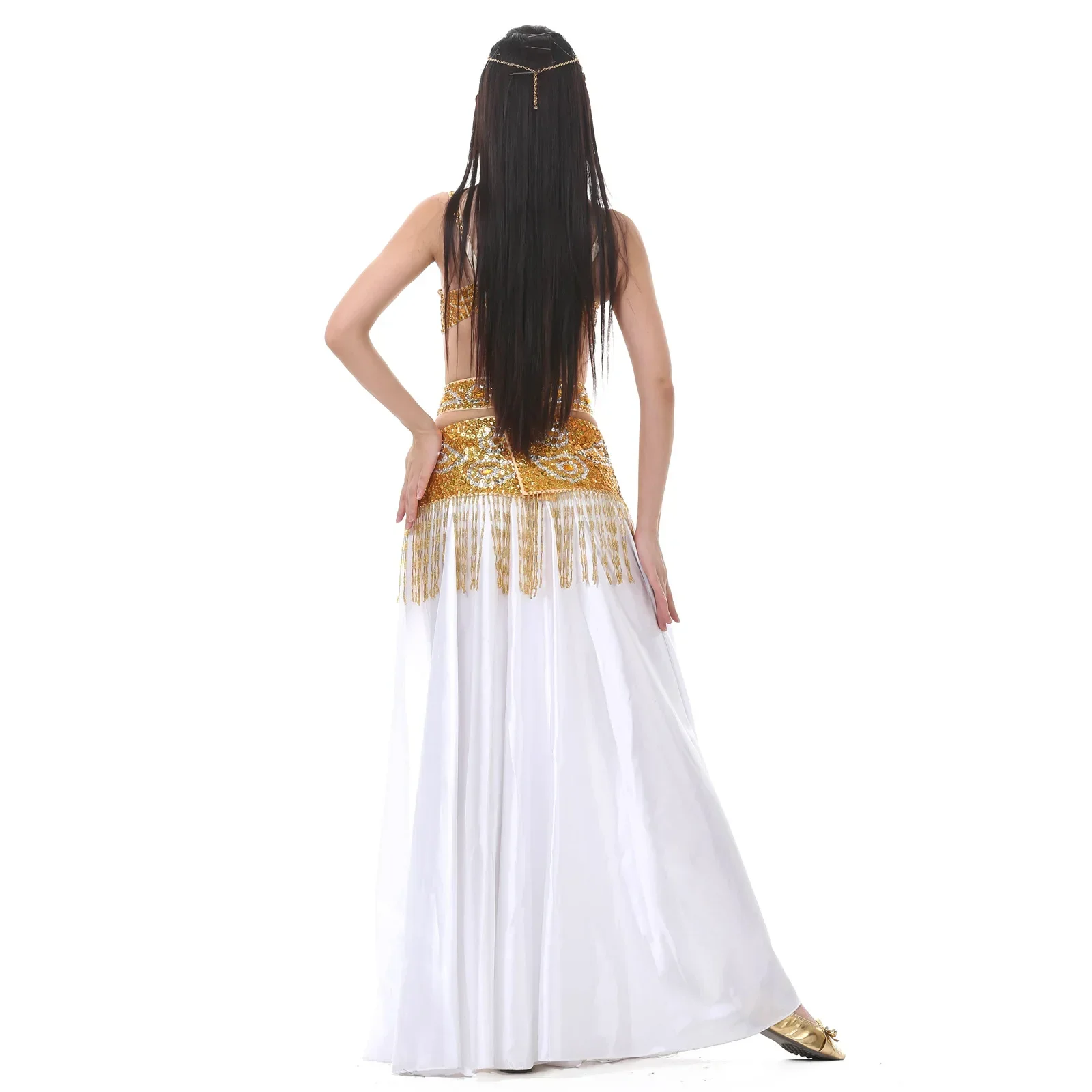 Abito da spettacolo di danza con ricamo di perline fatto a mano Set di gonne colorate a doppia fessura per costume da spettacolo estivo di danza del ventre