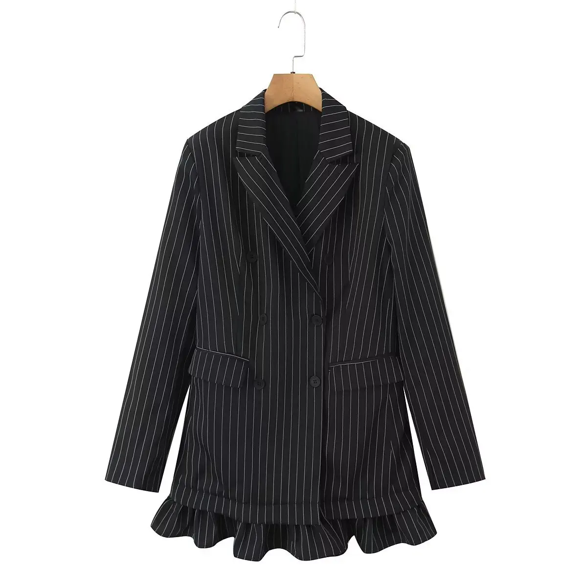 

Женский повседневный ретро-блейзер с оборками, в полоску, с отложным воротником, двубортный, с длинными рукавами