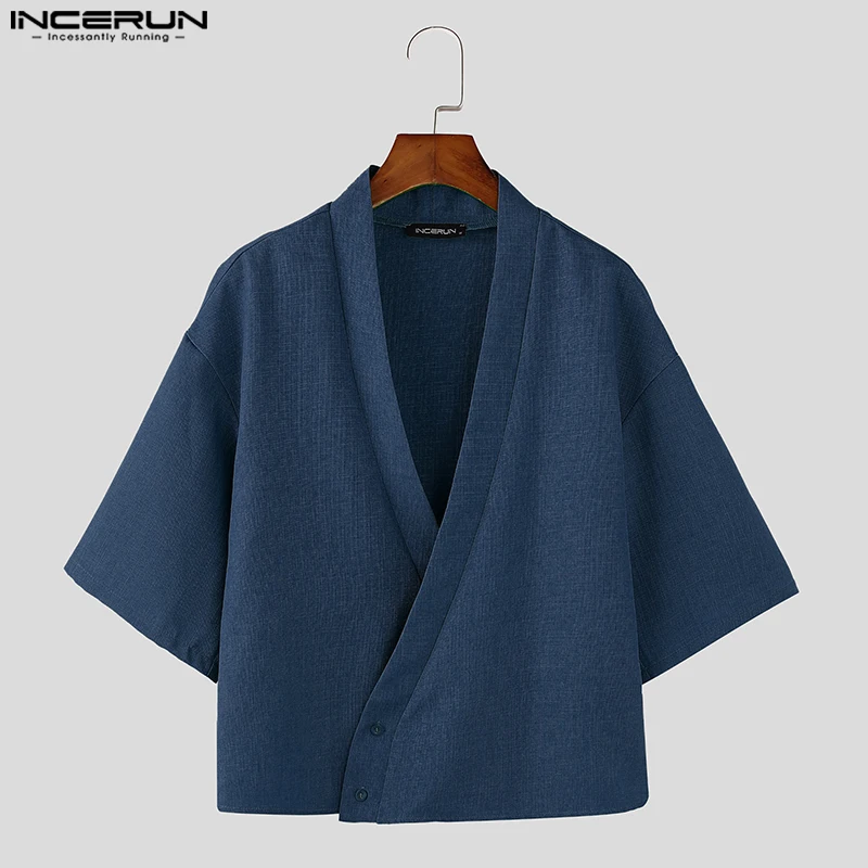 

INCERUN летние топы с коротким рукавом, повседневные мужские рубашки, модные топы, уличная одежда, повседневная футболка с v-образным вырезом и пуговицами, однотонная мужская одежда