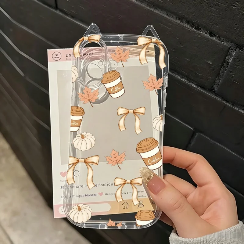 Autumn Pumpkin Falling Leaves Pattern Phone Case for IPhone 17 16 15 14 13 12 11 Plus Pro Max 17 Air Soft Silicone Clear Cover view 4