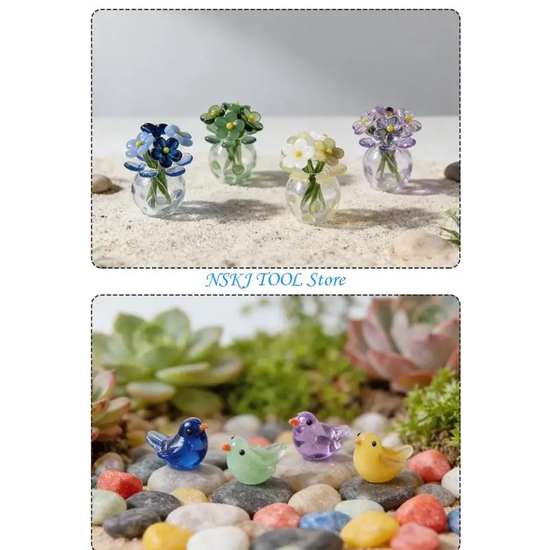 L8RC Crystal Flower Figurine Crystal Glass Bird Forget Not Flower Statue Ornament