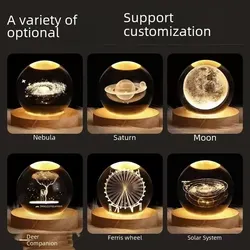 Modern Crystal Ball Night Light Birthday Gift Wood Base Galaxy Sun System Decoration Moon Ball Transparent White Crystal