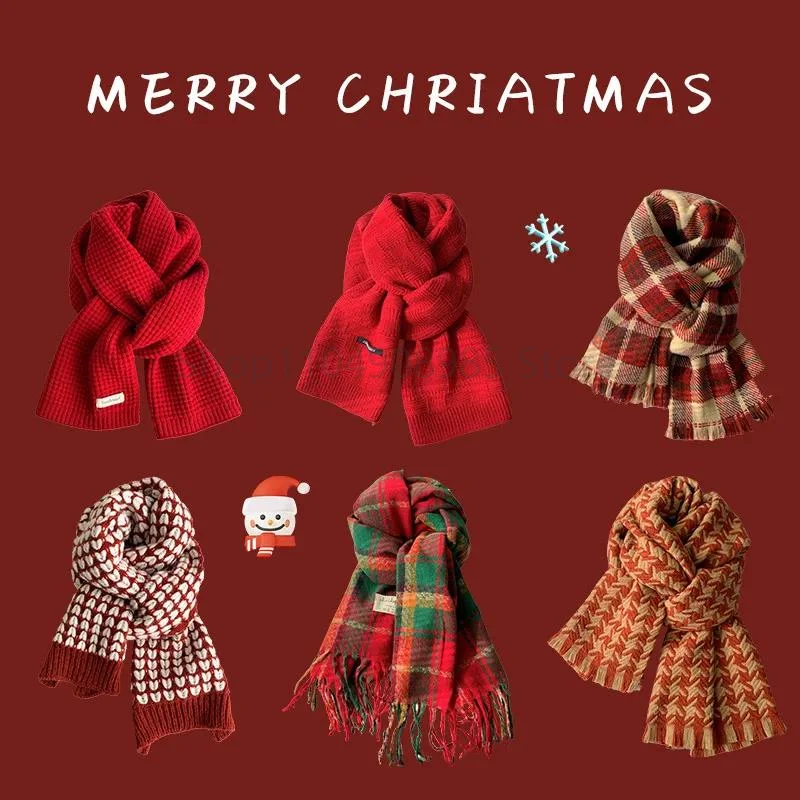 Christmas Style Red Element Scarf for Women Trend Knitted Student Couple Warm Scarves Shawl Clothing Accessories Gift