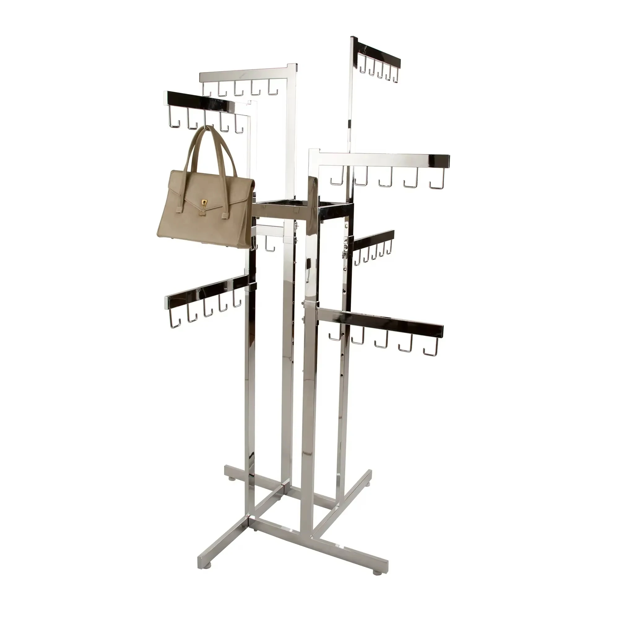 Premium Foldable Rotary Chrome Tote Display Stand Custom Retail Store Luggage Rack with Arm and Hook