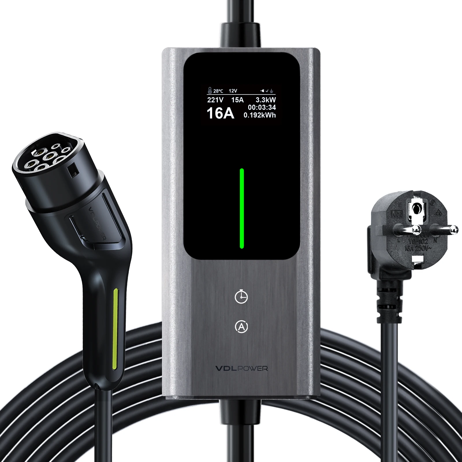 VDL-Ladegerät für Elektroautos, 5 m/3.68 kW EV-Ladegerät Typ 2, Ladekabel für Elektrofahrzeuge [6/8/10/13/16 A] mit EU-Schuko-Stecker, IP65-Einphasen-Ladestation