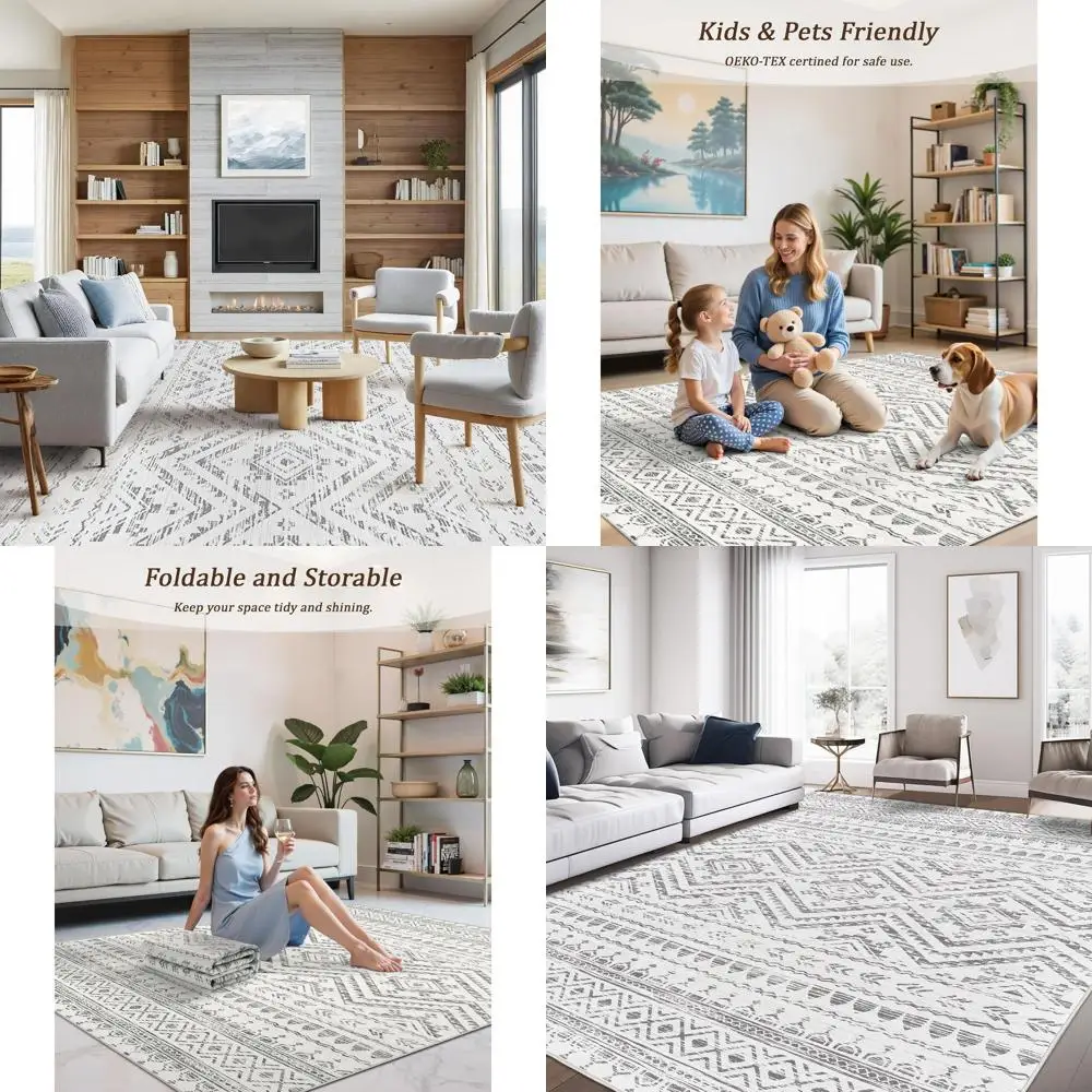 

Grey 8x10 Moroccan-Style Non-Slip Indoor Area Rug, Foldable and Soft for Living Room, Dining, and Bedroom