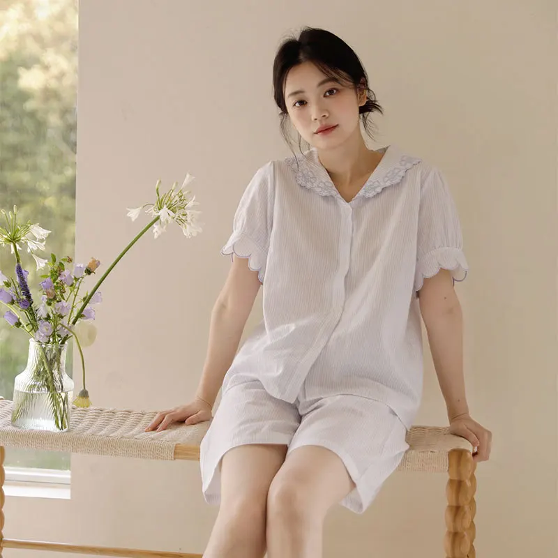 

Women's Striped Pajama Set | 100% Cotton Gauze | Delicate Lace Collar & Cuffs | Sweet Summer Short Sleeve Sleepwear Shorts Set
