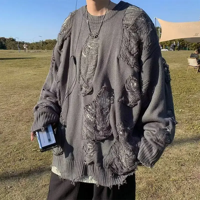 

Ragged Woolen Sweater Loose Fitting Men's Couple Outfit Knitted Sweater for Students Hong Kong Style Retro American Casual Wear