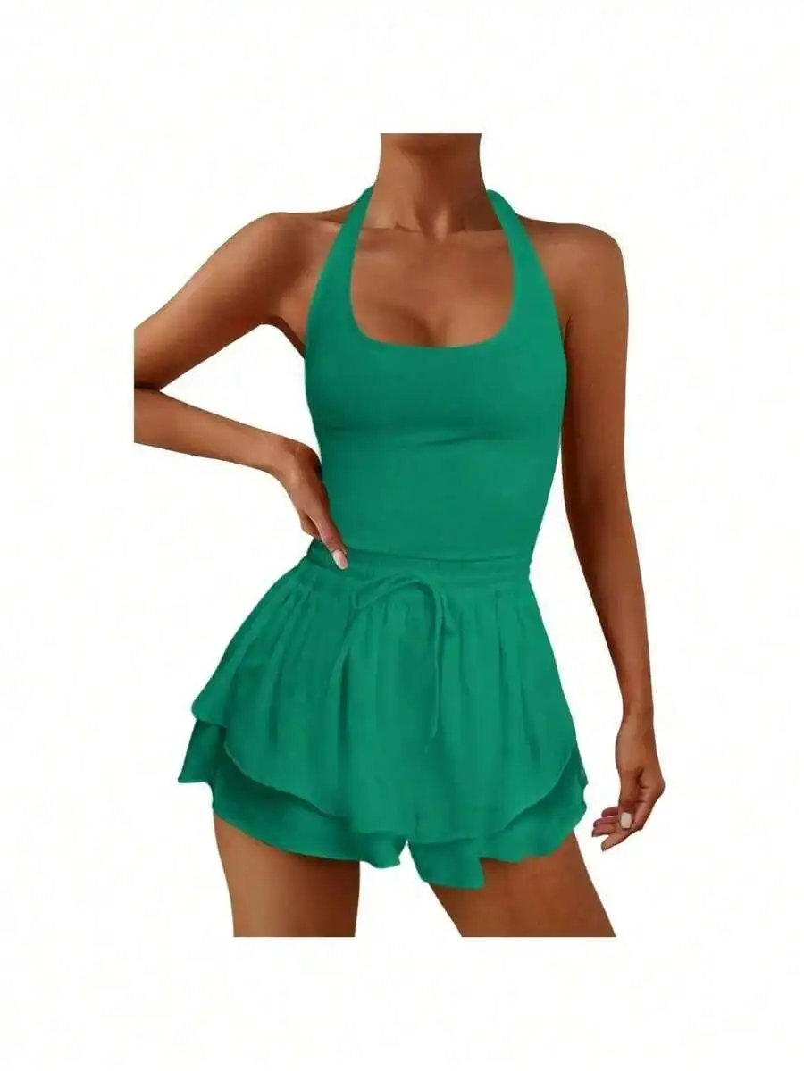 

Women Sleeveless Halter Romper With Drawstring Layered Shorts Sports Jumpsuit Activewear