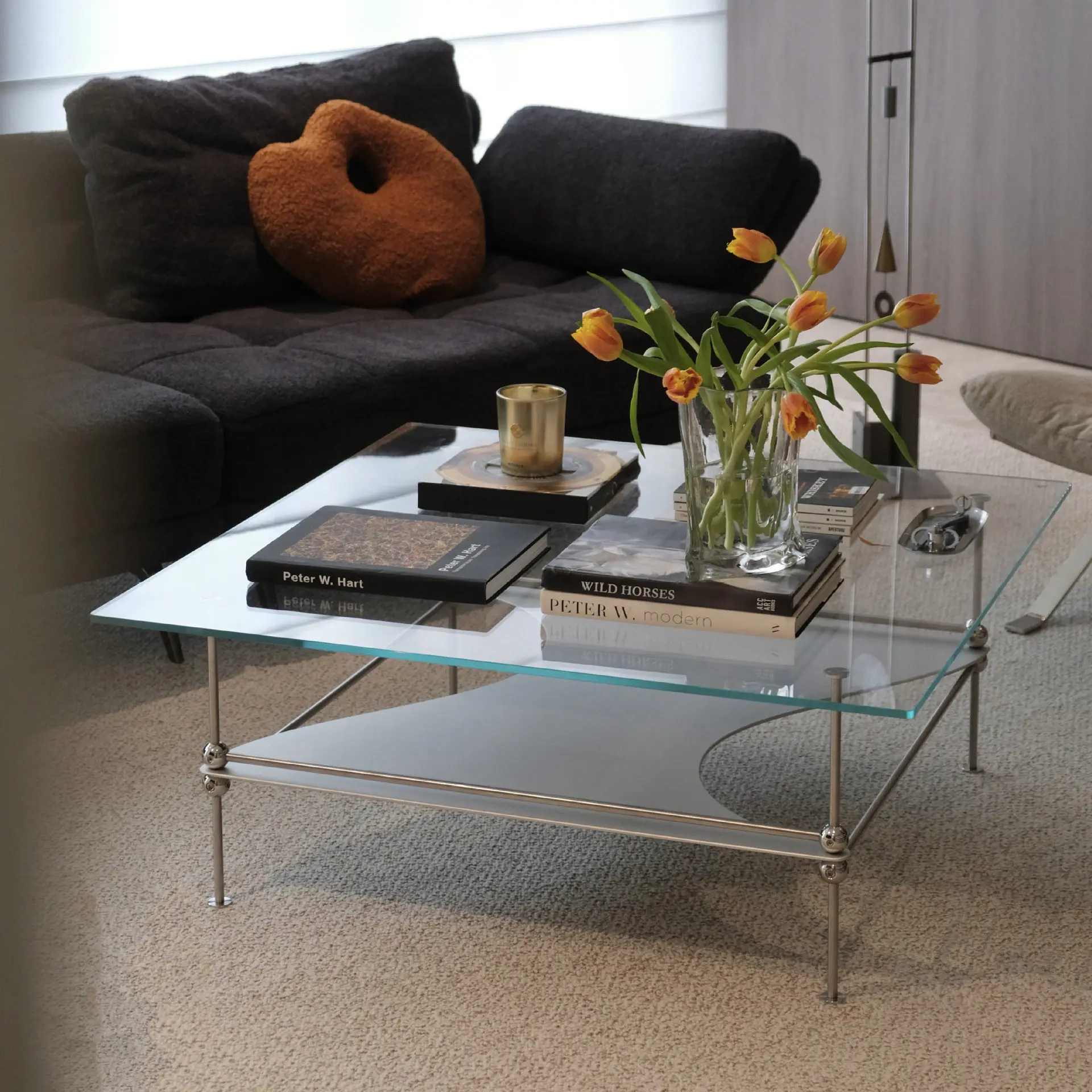 

Arc stacked square coffee table tempered glass is a minimalist medieval Bauhaus style side table