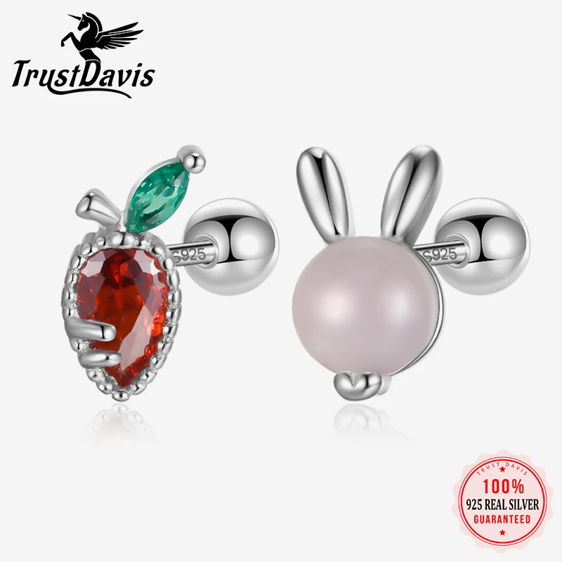 TrustDavis Real 925 Sterling Silver Cute Carrot Rabbit Screw Stud Earrings For Women Young Daughter Birthday Party Gift DS4579