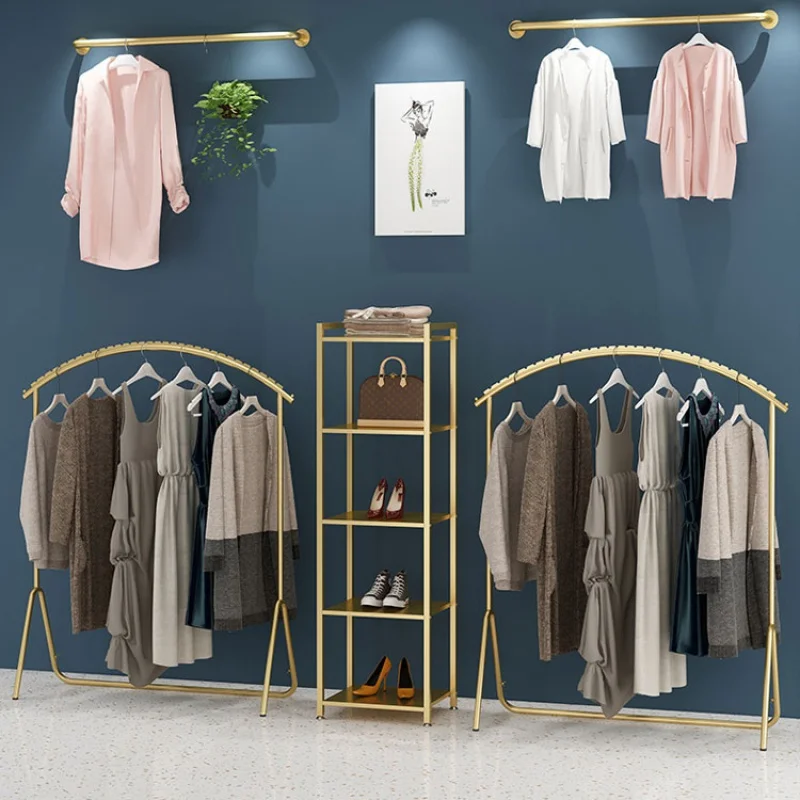 Custom, Design Gold Retail Clothing Store Furniture Garment Metal Display Rack Stand