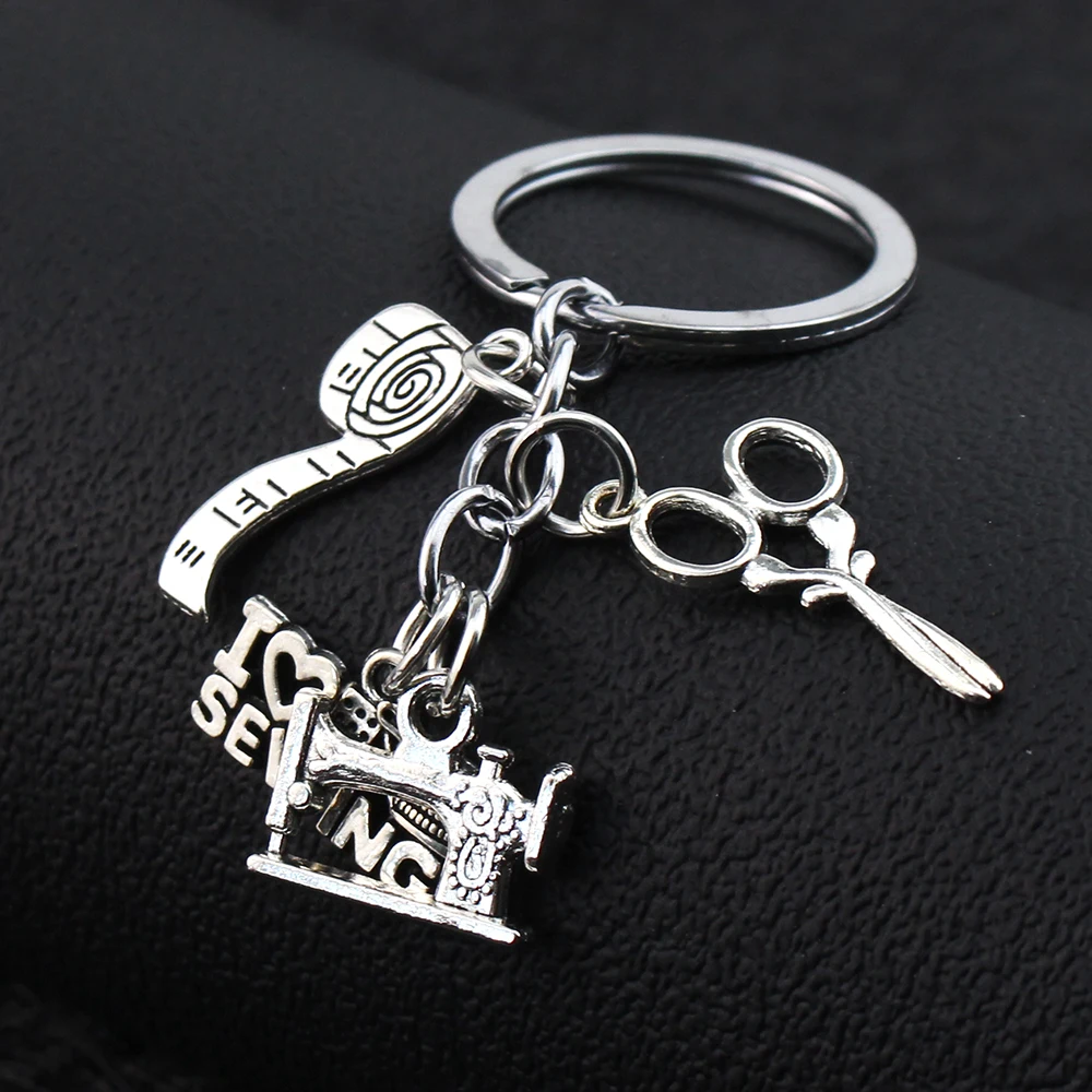 New Sewing Machine Keychain Tailor Key Ring Iron Tape Measure Letter Pendant Key Chain Women\'s Gift DIY Jewelry Handmade