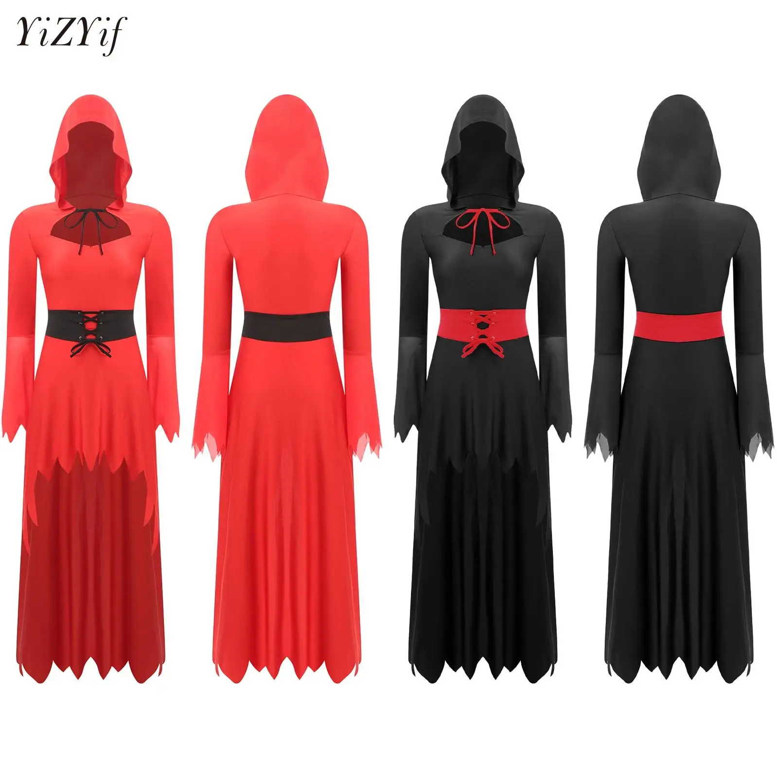 

Red Devil Demon Grim Reaper Death Costume Halloween Gothic Hood Robe Dress Horror Satan Outfit Carnival For Women Adult