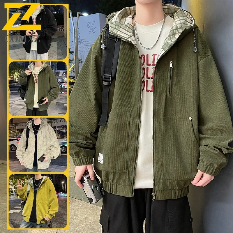 

COMXZ 2025 Мужская вельветовая куртка с капюшоном, кардиган, повседневное модное пальто, модная верхняя одежда, уличный стиль, свободная посадка