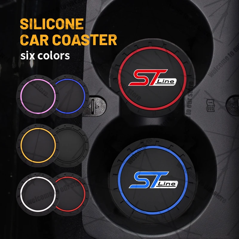 

2pcs/1set For Ford ST Line Emblem Mondeo C-MAX Kuga Bronco Car Coaster Waterproof Non-Slip Rubber Mat Water Cup Slot Decorate