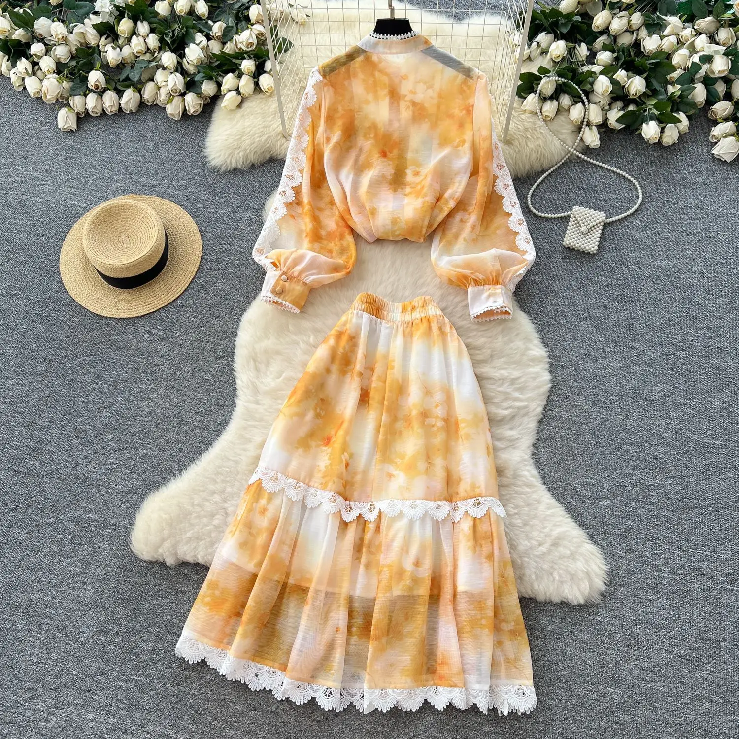 

Women Two Pieces Dress Set Casual Matching Set Print Lace Lantern Sleeve Round Neck Shirt Elastic Empire Waist Skirt 2025 Autumn