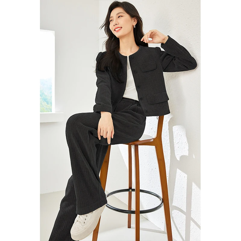 

VIMLY Vintage Corduroy Pant Sets for Women Autumn Outfits Short Jacket Wide-leg Baggy Trouser Solid Female Two Piece Sets M2863