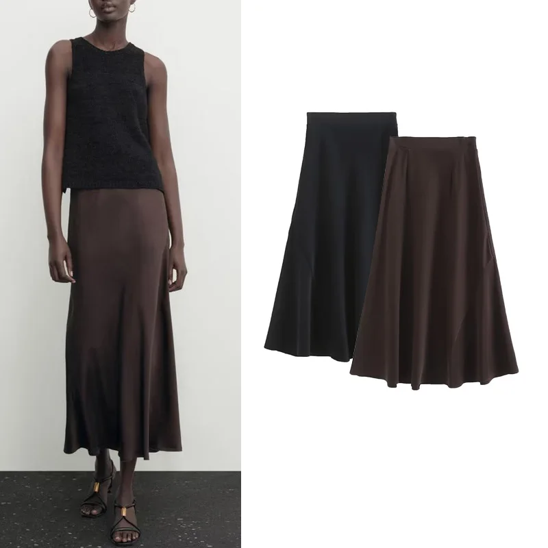 

Ele Mid-Length Satin Waist Skirt Midi A-Line Skirt High Waist Zipper Closure Pure Color Polyester Fiber Commute Sle