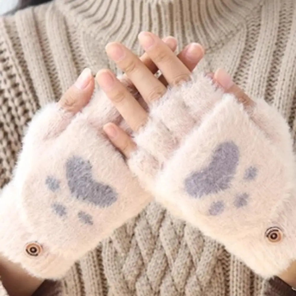 Women Girls Lovely Winter Warm Fingerless Gloves Girls Fluffy Bear Cat Plush Paw Claw Half Finger Gloves Mittens Gifts New 2023