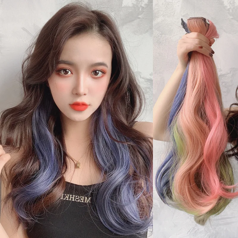 20inch Colorful Highlights Straight Hair Clip Extensions for Women Curly One-piece Invisible Fluffy Dyeing Long Hair Extensions