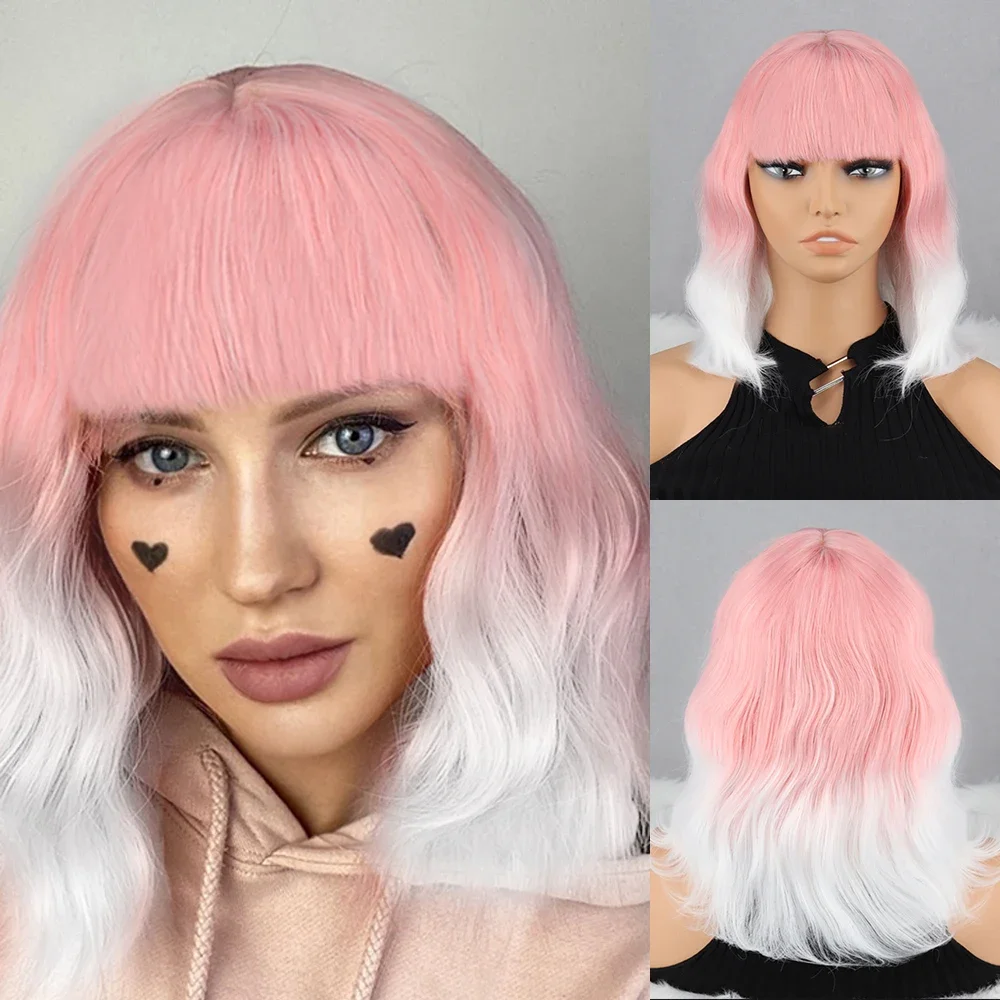 

Pink Gradient White Cosplay Wig Party Wig Wave Wig Human Hair Synthetic Colorful Wigs Short Bob Wig with Bangs