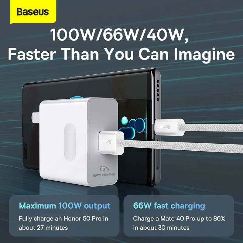 Baseus USB Type C Cable For Huawei P30 Pro Honor 100W Fast Charging Wire USB-C Charger Data Cord For Samsung Oneplus Poco F3