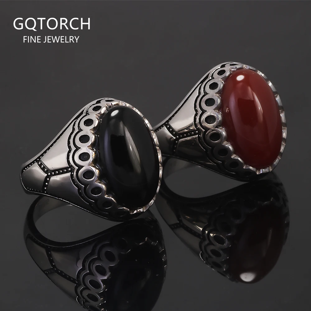 

Аутентичное мужское кольцо-печатка из стерлингового серебра 925 пробы с черным/красным агатом, винтажные модные обручальные кольца унисекс, ювелирные изделия ручной работы в Турции
