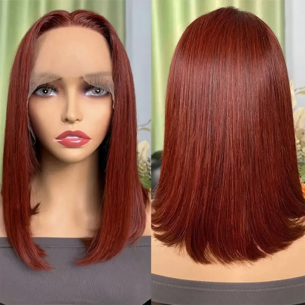 Reddish Brown Bob Hair Wig Human Hair 13x4 Bob Straight Lace Front Human Hair Wigs For Women 180% Density HD Transparent Lace