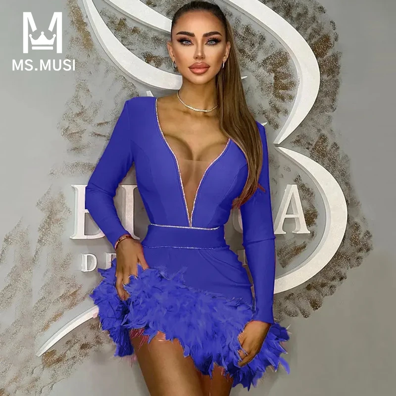 

MSMUSI 2024 New Fashion Women Sexy Feather Crystal Lace Mesh Asymmetrical Long Sleeve Bandage Party Bodycon Event Mini Dress