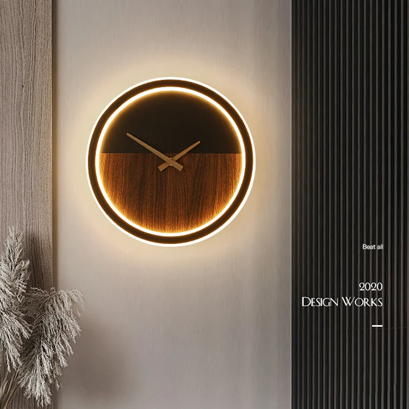 Creative Clock Wall Lamps Nordic Modern Simple Round Wood Grain Living Room Bedroom Corridor Study Interior Decorative Led Lamp