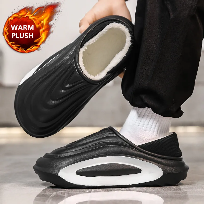 

Модные мужские хлопковые тапочки, зимние женские и мужские короткие плюшевые тапочки, повседневная непромокаемая садовая мужская обувь, новая меховая хлопковая обувь