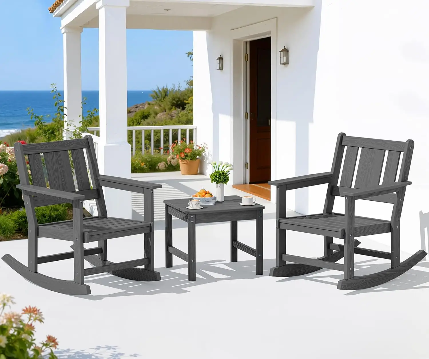 

All-Weather HDPE Rocking Chair Set with Side Table for Porch Deck Lawn Balcony 3pc Grey, Custom