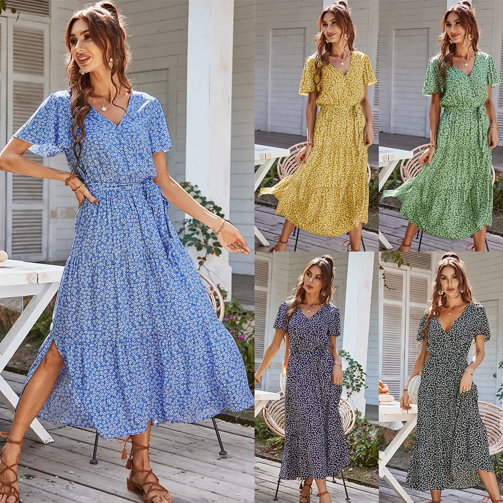 

Women's Vintage Print Long Dresses for Women 2023 Summer Casual Bohemian V-Neck Waistband Female Dress Women's Beach Skirt 원피스